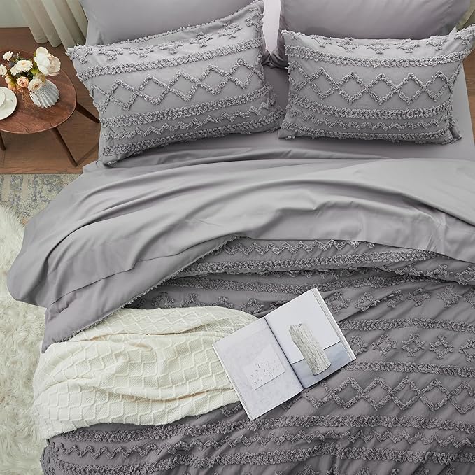 Anluoer Full Comforter Set 7 Pieces, Grey Tufted Bed in a Bag with comforters and sheets, All Season Bedding Sets with 1 Comforter, 2 PillowShams, 2 Pillowcases, 1 Flat Sheet, 1 Fitted Sheet - LeafyLoom