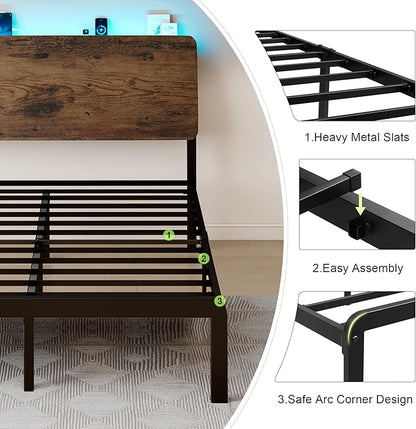 Feonase Full Size Bed Frame with Ergonomic Storage Headboard & Charging Station, LED Platform Bed Frame, Heavy Duty Metal Slats, No Box Spring Needed, Easy Assembly, Rustic - LeafyLoom