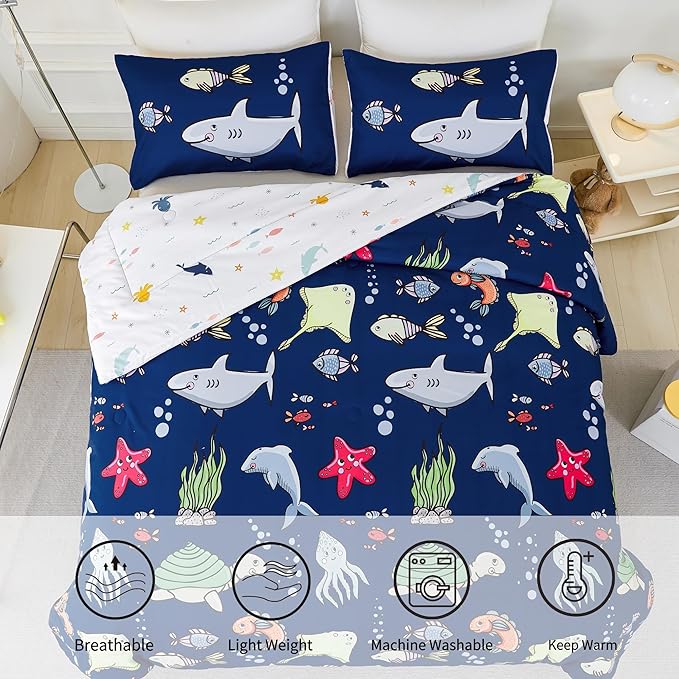 RYNGHIPY Kids Bedding Set for Full Bed Reversible Ocean Animals Print Comforter Set for Boys Girls Easy-Wash Super Soft Microfiber Bed Set (Navy Ocean,Full) - LeafyLoom