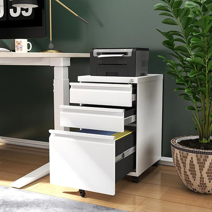 3 Drawers Mobile File Cabinet, Rolling File Cabinet Fully Assembled Under Desk, Metal Filing Cabinet with Lock for Home Office Organizer Letters/Legal/A4 (White) - LeafyLoom