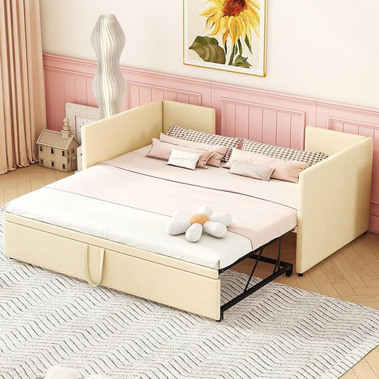 Bellemave Twin Size Upholstered Daybed with Pop up Trundle,Velvet Twin Daybed Frame,Twin to King Daybed,Day bed with Trundle Bed Twin,Tufted Sofa Bed Daybed,Bedroom,Living Room,Guest Room(Beige) - LeafyLoom