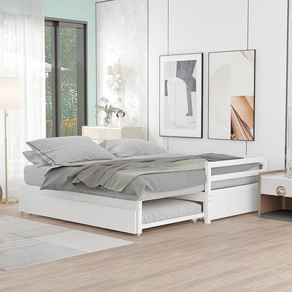 Wooden Extendable Daybed, Twin to King Daybed Frame with Trundle, Extending Sofa Bed for Living Room Bedroom Guest Room, White - LeafyLoom