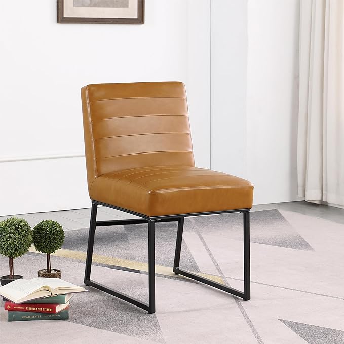 HomePop Home Décor | Single Pack Channeled Metal Dining Chair, Brown Faux Leather - LeafyLoom