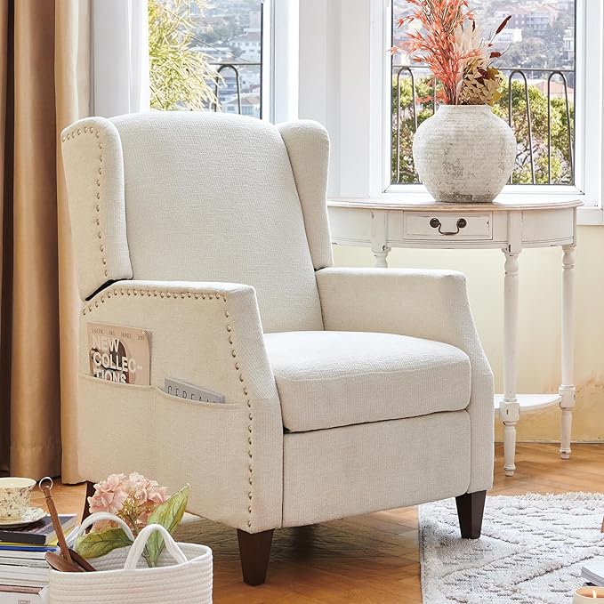 COLAMY Wingback Pushback Recliner Chair with Storage Pocket, Upholstered Fabric Living Room Chair Armchair with Wood Legs and Nailhead Trim, Beige - LeafyLoom