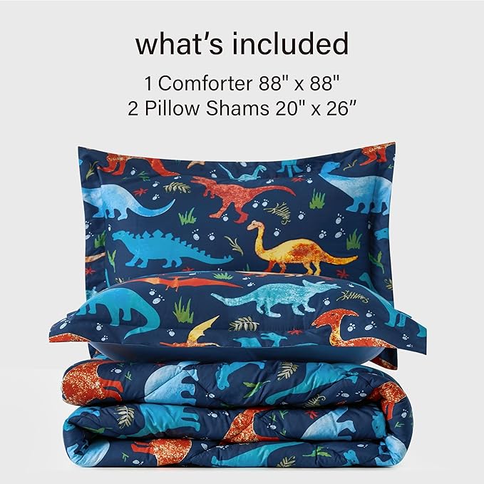 Queen Dinosaur Kids Bedding Set for Boys, 3 Pieces Queen Dinosaur Kids Comforter Sets, Super Soft Lightweight for All Seasons, Includes 1 Comforter (88"x88") and 2 Pillowcase (20"x26"+2") - LeafyLoom