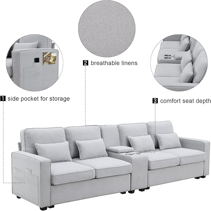 114.2" Linen Upholstered Sofa with Consoleand 2 USB Ports Wired or Wirelessly Charged,Modern 4-Seat Couches W/ 4 Pillows and Two Cupholders,for Living Room,Apartment, Gray, Light Grey - LeafyLoom