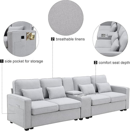 114.2" Linen Upholstered Sofa with Consoleand 2 USB Ports Wired or Wirelessly Charged,Modern 4-Seat Couches W/ 4 Pillows and Two Cupholders,for Living Room,Apartment, Gray, Light Grey - LeafyLoom