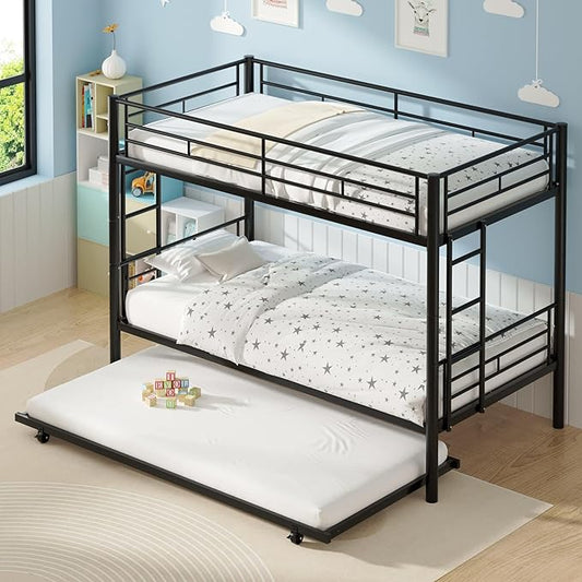 VECELO Twin Over Twin Bunk Bed with Trundle, Metal Bunkbeds with Ladder and Full-Length Guardrail, Noise Free, No Box Spring Needed, Black - LeafyLoom