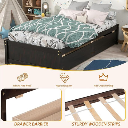 Twin Bed with 2 Storage Drawers, Solid Pinewood Twin Size Bed Frame,for Boys/Girls/Teens Bedroom, Easy to Assemble, No Box Spring Needed,Espresso - LeafyLoom