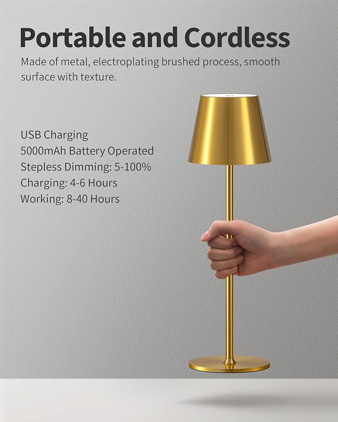 Cordless Rechargeable Table Lamp Set of 2, 5000mAh Battery Powered LED Desk Lamp, 3 Color Stepless Dimming Up, Portable Table Light Lamp for Bedroom Restaurant Outdoor (Gold) - LeafyLoom