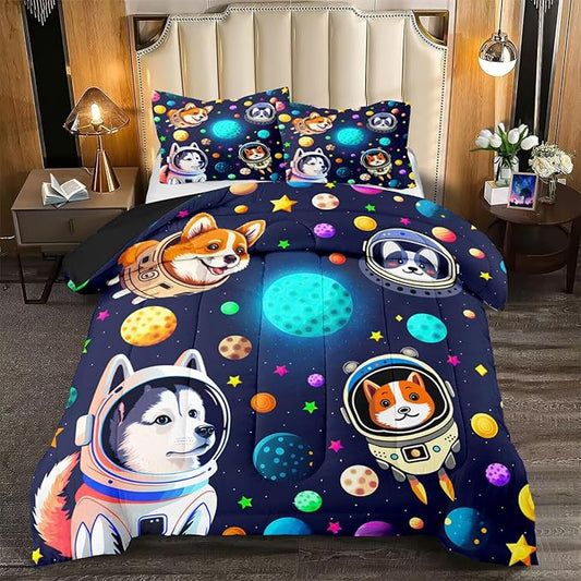 Dog Pattern Comforter Set - 3Pcs Cartoon Universe Dogs Theme Bedding Set for Boys Girls Kids Bedroom Kawaii Animal Pets Bedspreads Cover with 2 Pillowcases for All Season, Queen Size - LeafyLoom