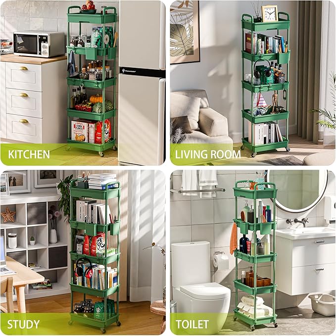 5 Tier Small Rolling Cart Organizer,Bathroom Cart Organizers with Wheels Laundry Room Organization Mobile Shelving Unit Utility Cart Storage Shelves Multi-Functional for Office, Home(Green) - LeafyLoom