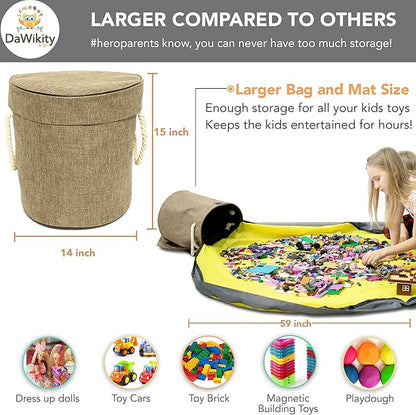 Toy Storage Basket and Play Mat - Building Bricks Toy Storage Organizer - Tidy with Ease - Toy Blocks Mat Storage Bag - Collapsible XL Kids Canvas Bag/Bin - Drawstring Playmat Boy/Girls-15"x14”(BEIGE) - LeafyLoom