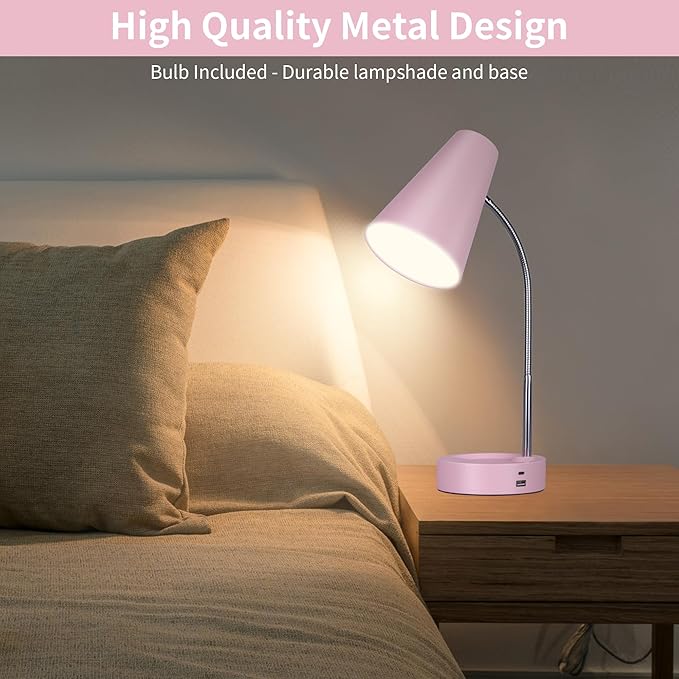 RUNTOP Pink Desk Lamp, Desk Lamps for Home Office, Desk Light for Kids, Desktop/Computer Study Lamps, Bedrooms Adjustable Gooseneck Reading Lamp with USB Port, 5 Brightness Levels, 5 Color Temperature - LeafyLoom