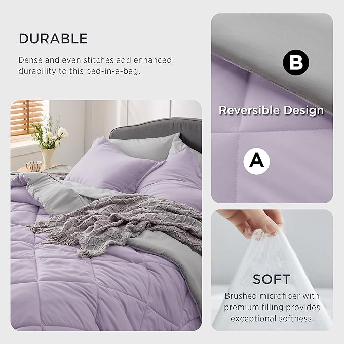 Bedsure Light Purple Twin Comforter Set - 5 Pieces Reversible Twin Bed in a Bag, Extra Long Twin Bed Set Light Purple and Grey with Comforters, Sheets, Pillowcase & Sham - LeafyLoom