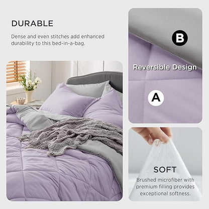 Bedsure Light Purple Twin Comforter Set - 5 Pieces Reversible Twin Bed in a Bag, Extra Long Twin Bed Set Light Purple and Grey with Comforters, Sheets, Pillowcase & Sham - LeafyLoom