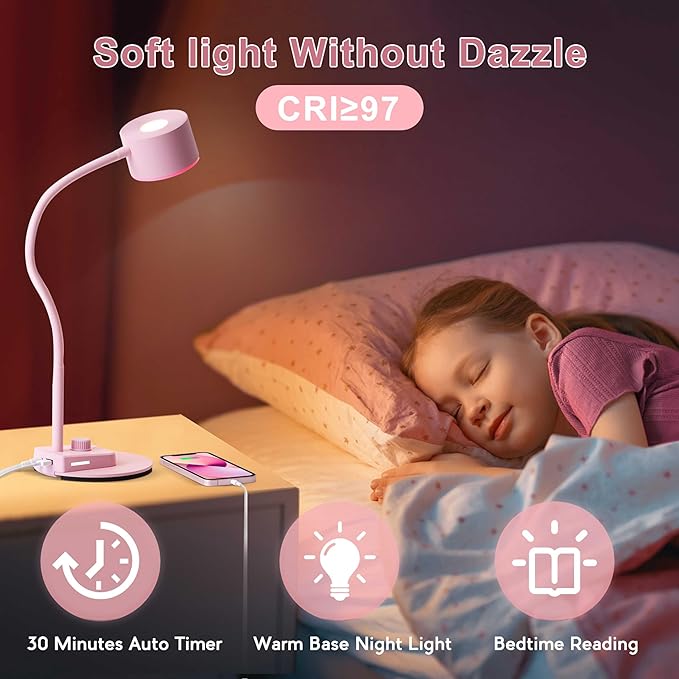 Cute Desk Lamp with USB C + A Charging Port, 5 Colors Dimmable Reading Lamps, Minimalist Pink Lamp for Kids, Eye Care Metal Bedside Table Lamp with Timer Flexible Gooseneck Desk Light for Home Office - LeafyLoom