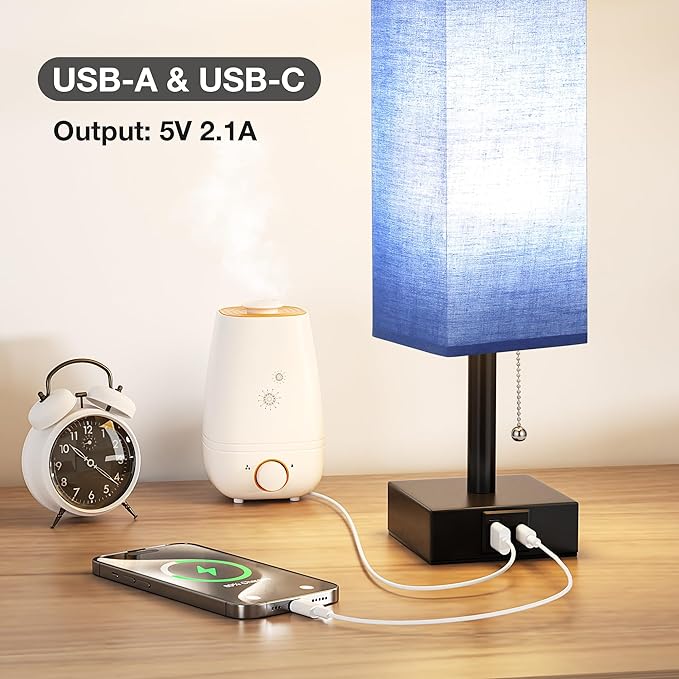 Blue Small Table Lamp for Bedroom - 3 Color Temperature 3000K 5000K 4000K Bedside Lamp, Pull Chain Control, USB A and C Charging Ports, Black Base, for Kids Office Dorm nightstand, Bulb Included - LeafyLoom