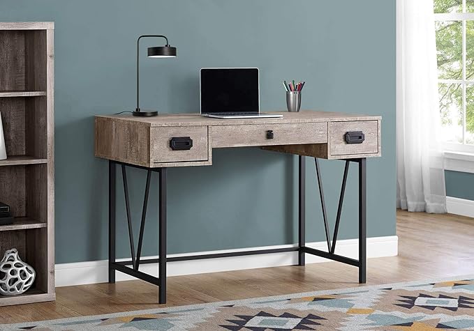 Monarch Specialties Laptop Table with Drawers-Industrial Style-Metal Legs Computer Desk Home & Office, 48" L, Taupe Reclaimed Wood Look - LeafyLoom