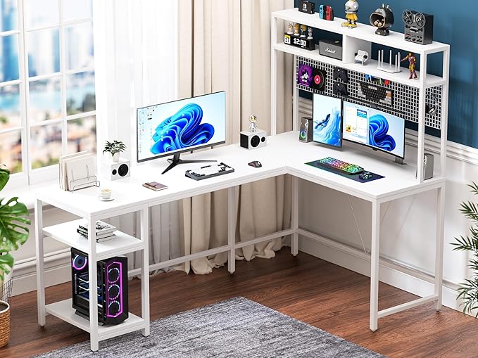 L Shaped Desk with Hutch & Pegboard - Reversible 67" L Shaped Gaming Desk with LED Lights, Corner Computer Desk with Storage Shelves, White - LeafyLoom