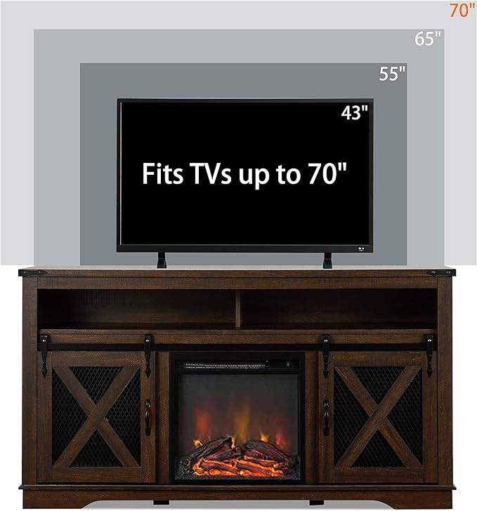 Okvnbjk Fireplace TV Stand for TVs up to 70", Entertainment Center with 18" Electric Fireplace, Farmhouse TV Stand Industrial Media Console with Sliding Barn Door for Living Room, 58 Inch, Dark Walnut - LeafyLoom