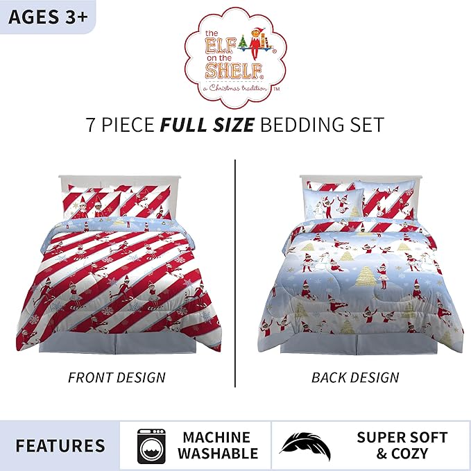 Franco Kids Bedding Soft Comforter and Sheet Set with Sham, 7 Piece Full Size, Elf on the Shelf - LeafyLoom