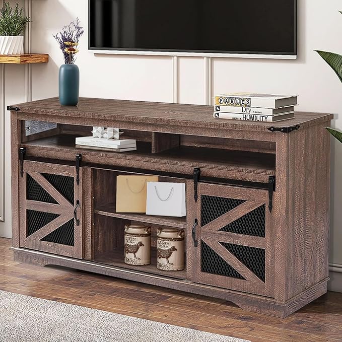 Zanzio 66" Farmhouse TV Stand for up to 75 inch TVs, Rustic Entertainment Center Media Console Table with Sliding Barn Doors Living Room Bedroom Wooden TV Cabinet (Distressed Brown) - LeafyLoom