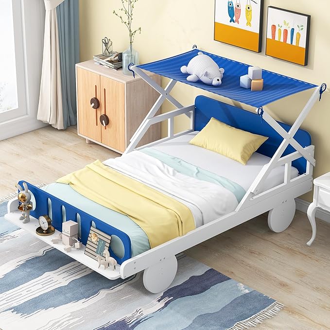 Twin Size Car Bed with Ceiling Cloth,Wooden Car-Shaped Bedframe W/Headboard & Footboard,No Box Spring Required,Fun Play for Boys Kids Toddlers Child's Bedroom,White - LeafyLoom