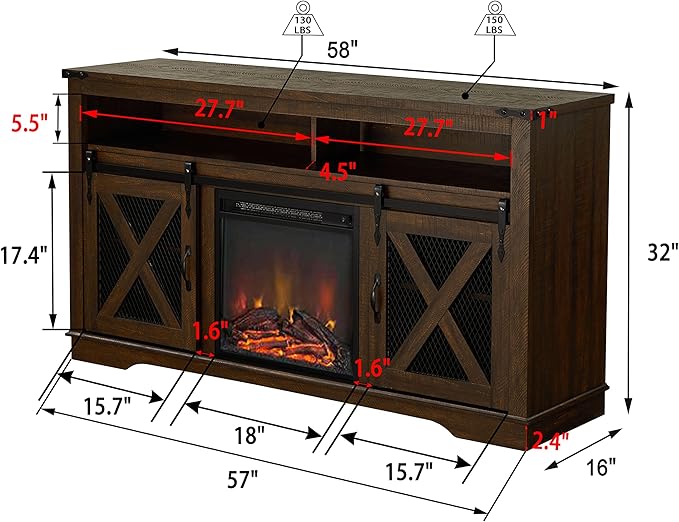 Okvnbjk Fireplace TV Stand for TVs up to 70", Entertainment Center with 18" Electric Fireplace, Farmhouse TV Stand Industrial Media Console with Sliding Barn Door for Living Room, 58 Inch, Dark Walnut - LeafyLoom