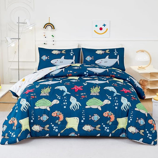 WINLIFE Shark Twin Comforter Set for Boys Blue Ocean Theme Printed Bedding Set, Super Soft and Easy Wash Reversible Kids Bed Set 1 Comforter 2 Pillowcases (3-Pieces, Twin) - LeafyLoom