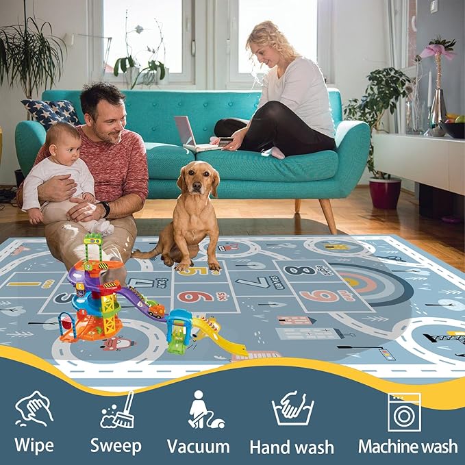 Kids Rug Play Mat, Car Rug, Hopscotch Rug, Hopscotch Mat for Kids, Can Be Used to Play with Cars Kids Carpet Play Mat,(Blue,120×160cm/47×63IN) - LeafyLoom