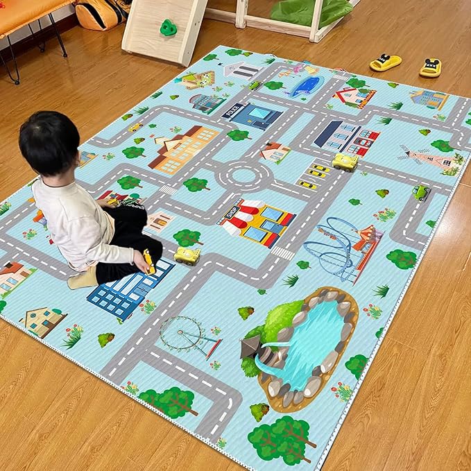 Kids Car Rug,4x6 City Life Traffic Road Playmat for Toy Cars Trains, Non-Slip Race Track Carpet Educational Fun Area Rugs for Boy and Girl Bedroom Nursery - LeafyLoom