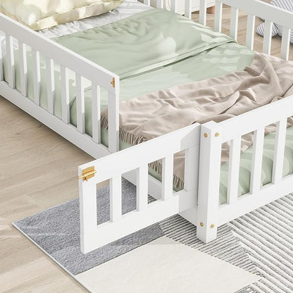 Twin Size Kids Montessori Floor Bed,House-Shaped Headboard Floor Bed for Kids,Floor Bed with Fence and Door,House Bed Twin Frame for Girls,Boys(Twin,White) - LeafyLoom