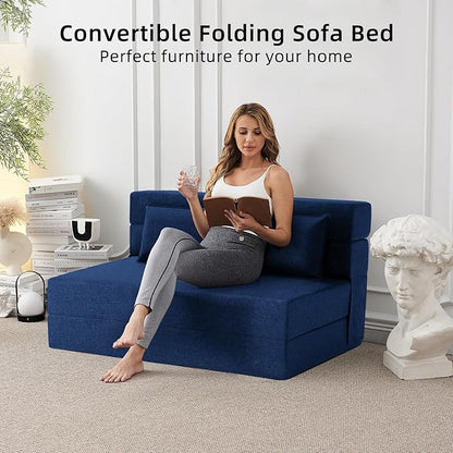 Convertible Folding Sofa Bed-Sleeper Chair with Pillow, Modern Linen Fabric Floor & Futon Couch, Foldable Mattress for Living Room/Dorm/Guest Use/Home Office/Apartment, Queen Size,Navy Blue - LeafyLoom