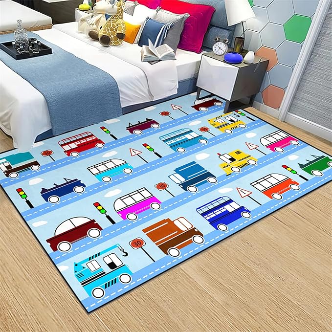 Car Rug Car Play Mat Kids Rugs for Playroom Car Rug Play Mat Rugs for Boys Bedroom Car Carpet for Kids Play Rug for Cars and Trucks Car Rug for Boys Room,Light Blue 5'×7' - LeafyLoom