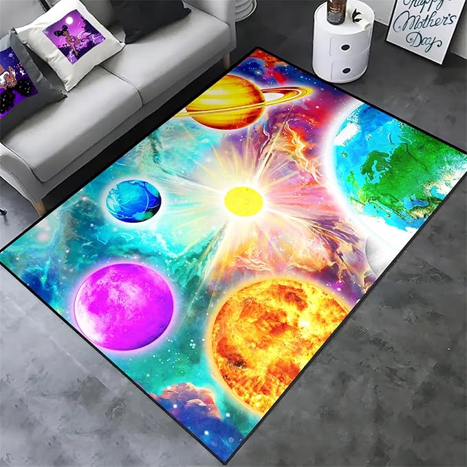 Space Rug for Boys Room - Solar System Rugs for Boys Bedroom Outer Space Area Rug for Boys Bedroom Kids Rugs for Playroom Galaxy Area Rugs for Kids Bedroom Space Rug Living Room,5'×7' - LeafyLoom