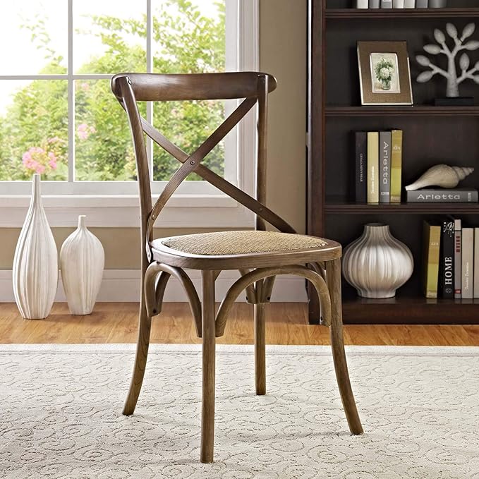 Modway Gear Rustic Modern Farmhouse Elm Wood Rattan Dining Chair in Walnut - LeafyLoom