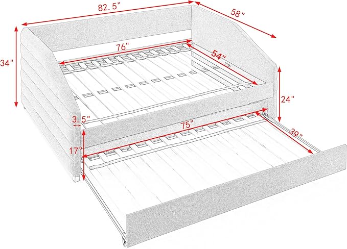 Linen Upholstered Full Size Daybed with Trundle, Solid Wooden Bedframe w/Pull Out Bed and Tufted Decorate, No Box Spring Needed, for Kids, Bedroom, Dorm - LeafyLoom