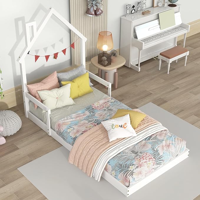 Bellemave Twin Size House-Shaped Headboard Floor Bed for Kids,Montessori Floor Bed with Handrails and Slats,Wood House Bed Twin for Girls,Boys(Twin,White) - LeafyLoom