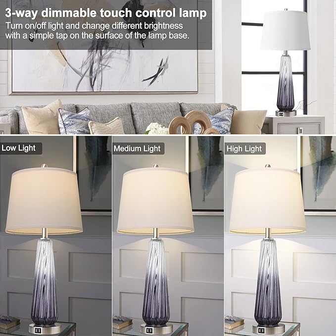 QiMH Table Lamps Set of 2 with Touch Control, 3-Way Dimmable Modern Glass Bedside Lamps with 2 USB Ports, Nightstand Lamp with White Shade, 27.5" Large Lamps for Living Room Bedrooms Decor, Grey - LeafyLoom