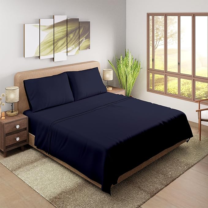 Purity Home Organic 100% Cotton King Size Sheets Set Navy, Percale Weave King Bedding Set, Crisp, Cooling & Breathable Navy Bed Sheets King Size, Fits Mattress Upto 16" Deep Pocket - LeafyLoom