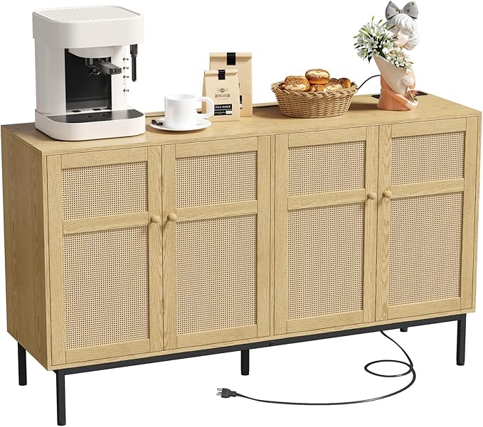 Lifewit Rattan Sideboard Buffet Cabinet, Console Table with Power Outlet, Credenza, Storage Cabinet, Coffee Bar Cabinet for Kitchen, Dining Room, Living Room, Entryway, 4 Doors, Natural - LeafyLoom