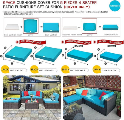 ClawsCover 9Pack Outdoor Seat and Back Cushions Replacement Covers Fit for 5 Pieces 4-Seater Wicker Rattan Patio Conversation Set Sectional Couch Furniture,Turquoise-Include Covers Only - LeafyLoom