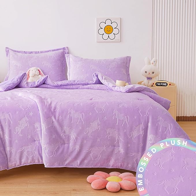 Mooreeke Full Kids Comforter Bed Set, Embossed Plush Fleece Soft & Warm 3 Piece Bed in A Bag with Shams, Velour Velvet Purple Unicorn Girls Kids Bedding Set, Fluffy Fuzzy Polar Cozy and Stylish - LeafyLoom