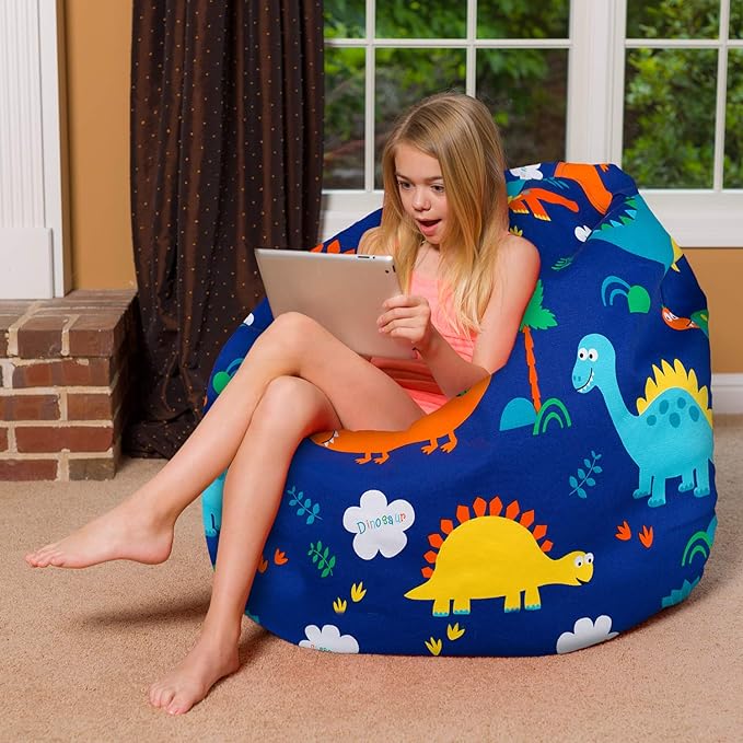 Posh Creations Bean Bag Chair for Kids, Teens, and Adults Includes Removable and Machine Washable Cover, Canvas Dinos on Blue, 48in - X-Large - LeafyLoom