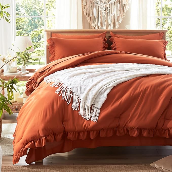 Anluoer Full Comforter Set 7 Piece, Burnt Orange Bed in a Bag with Sheets, All Season Ruffle Shabby Chic Bedding Sets with 1 Comforter, 2 Pillow Shams, 2 Pillowcases, 1 Flat Sheet, 1 Fitted Sheet - LeafyLoom