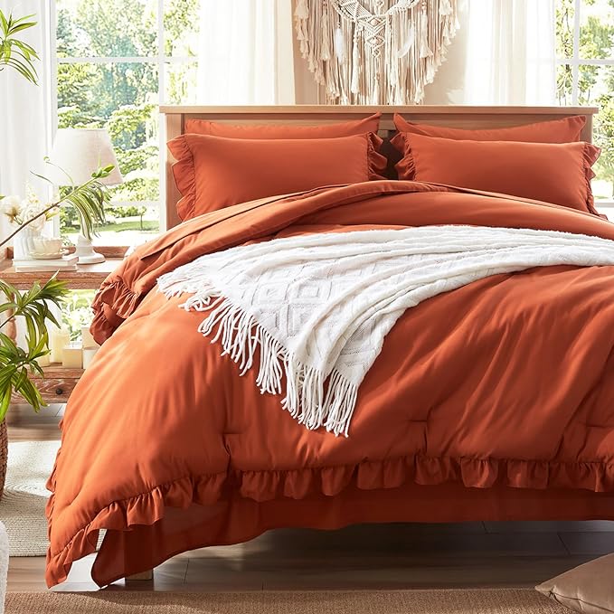 Anluoer Queen Comforter Set 7 Piece, Burnt Orange Bed in a Bag with Sheets, All Season Ruffle Shabby Chic Bedding Sets with 1 Comforter, 2 Pillow Shams, 2 Pillowcases, 1 Flat Sheet, 1 Fitted Sheet - LeafyLoom