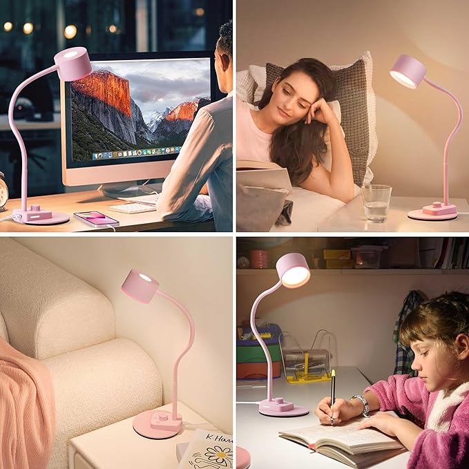 Cute Desk Lamp with USB C + A Charging Port, 5 Colors Dimmable Reading Lamps, Minimalist Pink Lamp for Kids, Eye Care Metal Bedside Table Lamp with Timer Flexible Gooseneck Desk Light for Home Office - LeafyLoom