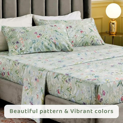 QSH 100% Egyptian Cotton Sheets Twin Size, Green Flower Bird Butterfly Pattern Botanical Luxury Printed Bedding Flower Twin Bed Sheets for Girl Kid Extra Soft 4pcs Deep Pocket Floral Bed Sheet - LeafyLoom