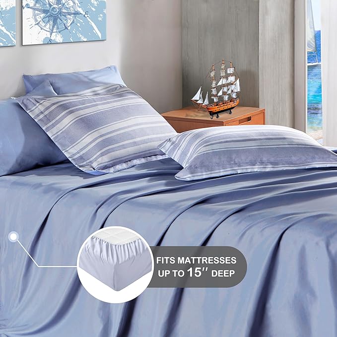 Codi King Size Bedding Comforter Sets with Sheets, Blue White Striped Bed in a Bag Reversible for All Seasons, Modern Cationic Dyeing Bed Sets with 1 Comforter, Sheets, Pillowcases & Shams - LeafyLoom